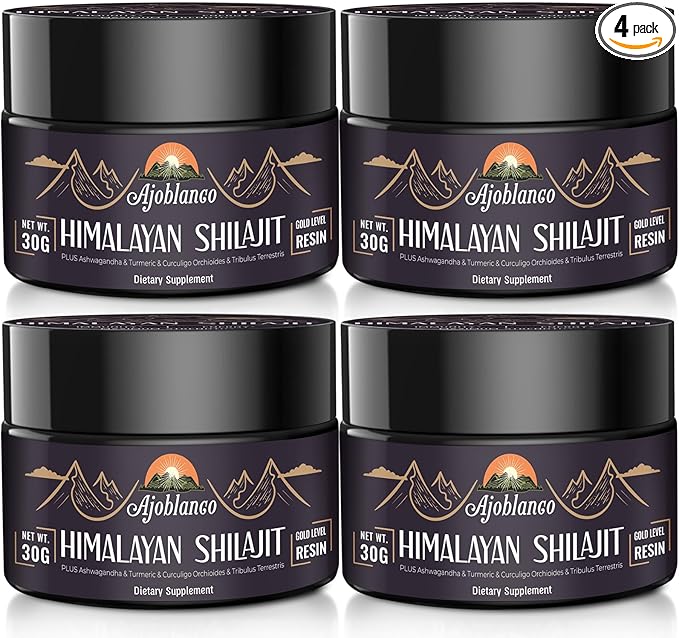 Ajoblanco 600mg Shilajit Pure Himalayan Organic Shilajit Resin - Himalayan Shilajit Resin with Organic Ayurvedic Blend in High Potency for Energy, Strength & Immunity, Pack of 4