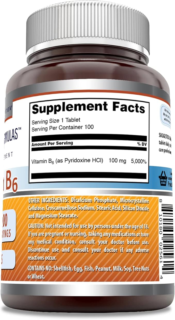 Amazing Formulas Vitamin B6 Pyridoxine 100mg 100 Tablets Supplement | Non GMO | Gluten Free | Made in USA