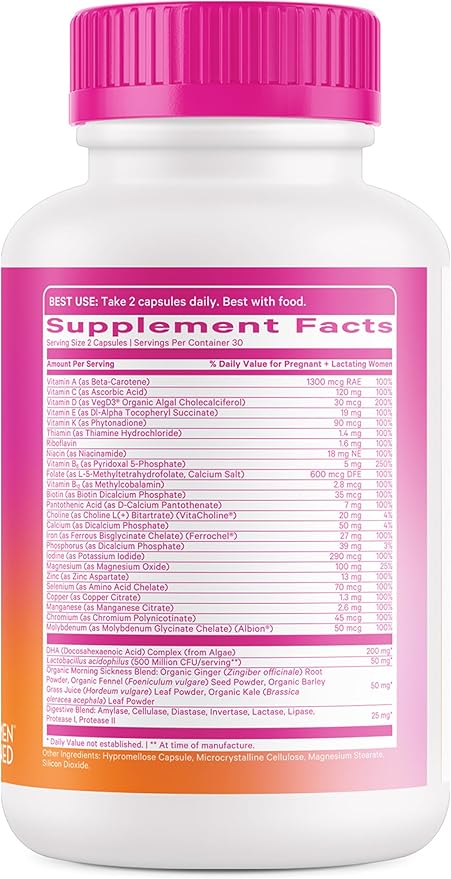 Pink Stork Premium Prenatal Vitamin for Women - Organic Whole-Food Ingredients, Multivitamin & Probiotics - Morning Sickness, Digestion, & Energy - Folate, B6, & Iron - 60 Capsules