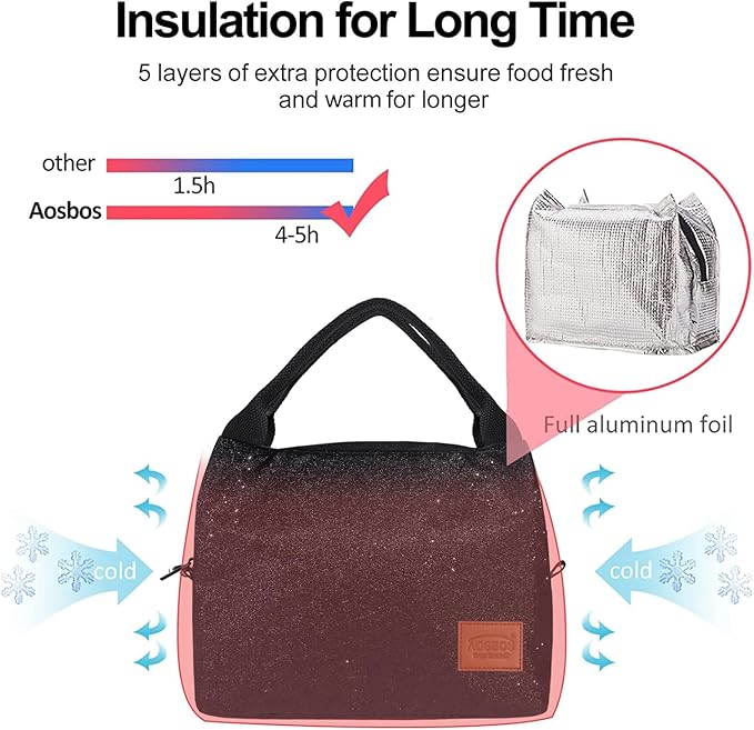 Aosbos Lunch Bag Women Insulated Lunch Bags for Adult Lunch Box for Women Lunchbox Lunch Tote Bag Cooler Bag for Work Office Picnic, Night Black