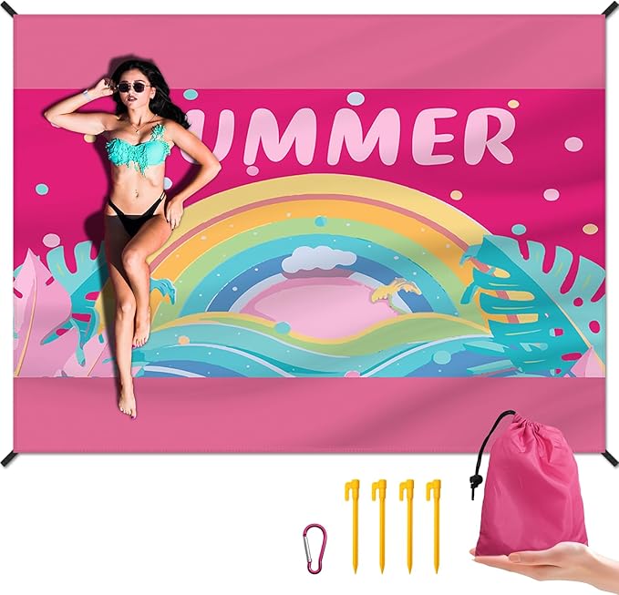 Beach Blanket Waterproof Sandproof Large Beach Mat 83" X 106" for 5-7 Adults Sand Free Mat Quick Drying,Lightweight & Durable with 4 Stakes & 4 Corner Pockets for Beach Camping .(Pink)