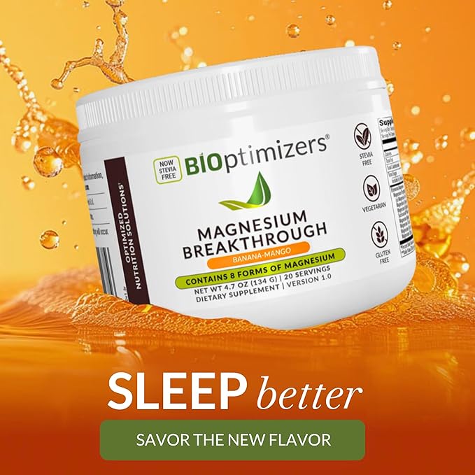 BIOptimizers Magnesium Breakthrough Drink Banana Mango - 8 Forms of Magnesium: Glycinate, Malate, Citrate, and More - Natural Sleep Supplement – 6 oz (30 Servings)