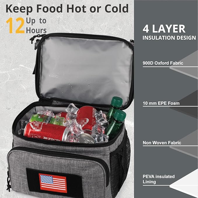 ATRIPACK 2 Compartment Lunch Bag for Men Adult, Tactical Lunch Box Leakproof Insulated Large Cooler Bag for Work with Adjustable Shoulder Strap Flag Double Layer Lunch Pail（Grey）