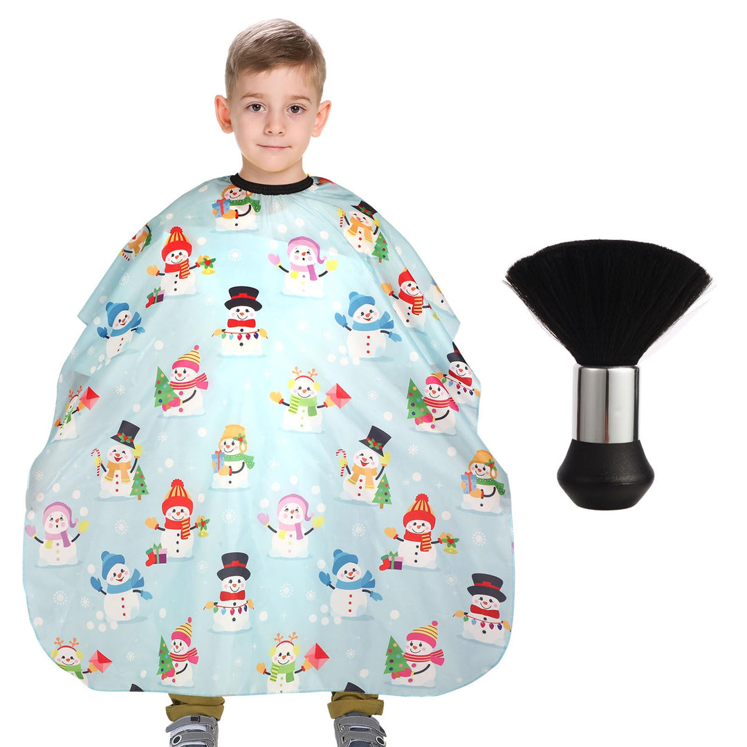 Kids Barber Cape with Neck Duster Brush, Professional Salon Hair Cutting Cape with Adjustable Snap Closure(Snowmen)