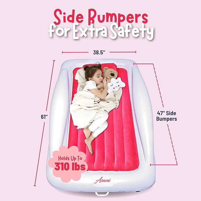 Asani Inflatable Toddler Travel Bed with Electric Pump, Leakproof Air Mattress w/Reinforced Protective Bumpers, Includes Carry Case and Pillow, Fits Kids Up to 4ft, for Camping & Sleepovers (Pink)