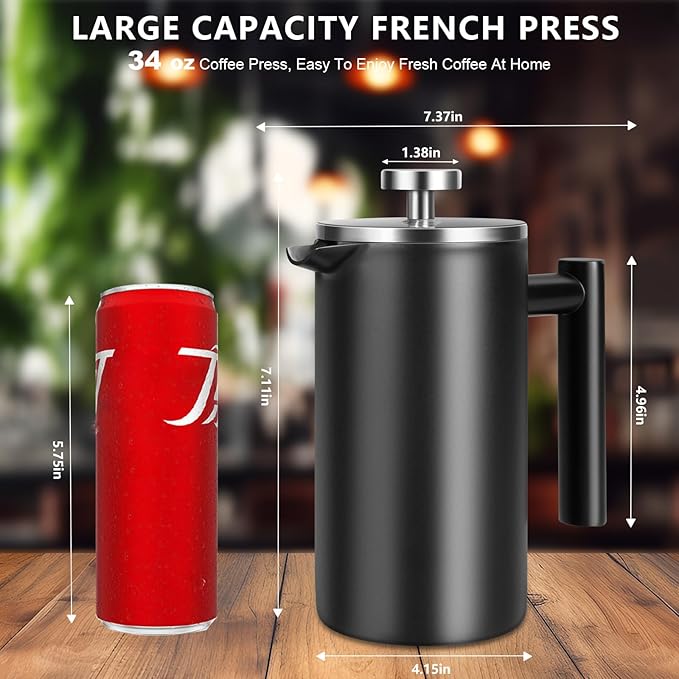 34 OZ Large French Press, Premium Stainless Steel Sturdy Insulated French Press Coffee Maker, 4-8 Cups French Coffee Press, Tea Presses for Home Kitchen Caming Loose Tea, Elegant Black