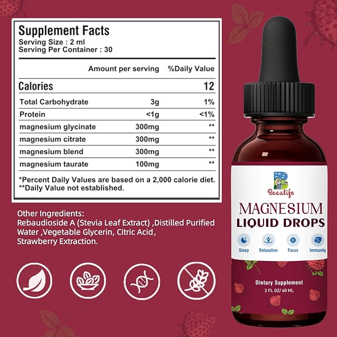 Magnesium Liquid Drop, 1000mg Magnesium Supplement，with Magnesium Glycinate & Citrate, Strawberry Flavor, Calm Mood, Sleep ，Relaxation, Immune, Heart for Adults and Kids