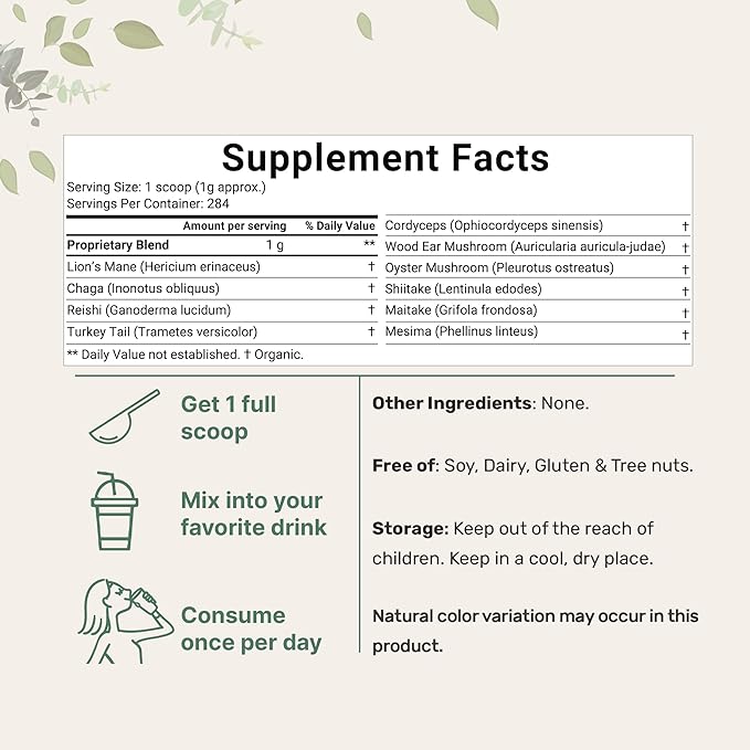 Micro Ingredients Organic Mega Mushroom 10 in 1 Complex Formula Powder for Immune System Booster, 10 Ounce (284 Days Supply), Chaga, Lions Mane, Cordyceps, Reishi & More, Filler Free, Vegan