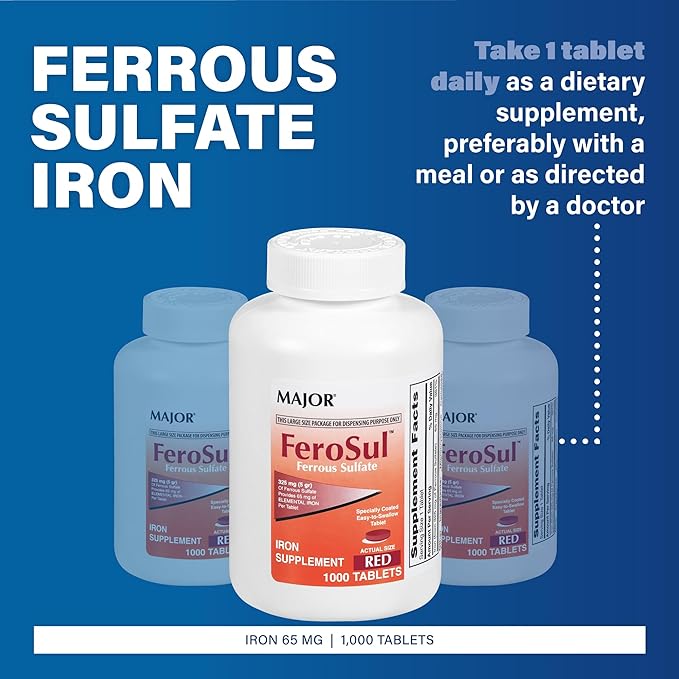 Major Ferosul - Ferrous Sulfate 325mg Tablets with 65mg of Elemental Iron - Iron Supplement for Women, Men - Red - 100 Tablets - Pack of 1