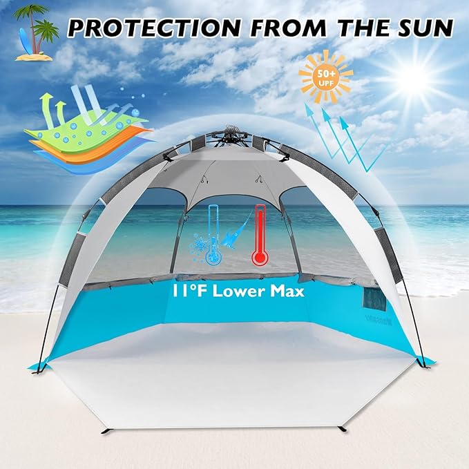 Beach Tent Pop Up Shade, Instant Beach Tents Sun Shelter with UPF 50+ UV Protection, Lightweight & Easy Setup Tent 2-6 Person