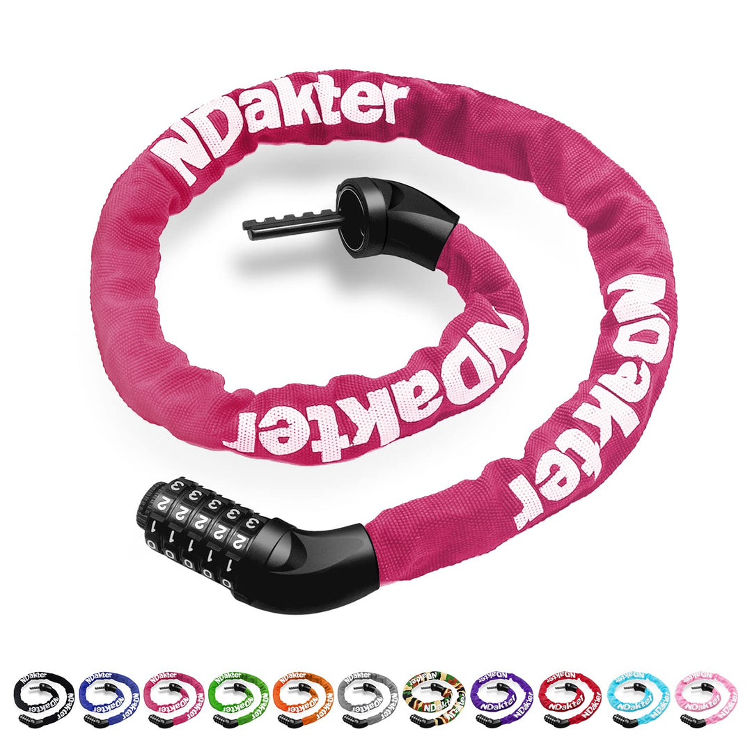 NDakter Bike Chain Lock, 5-Digit Combination Anti-Theft Bicycle Lock, 3.2/4.27 feet Long Security Resettable Bike Locks Heavy Duty for Bike, Motorcycle, Bicycle, Door, Gate, Fence, Grill, Pink