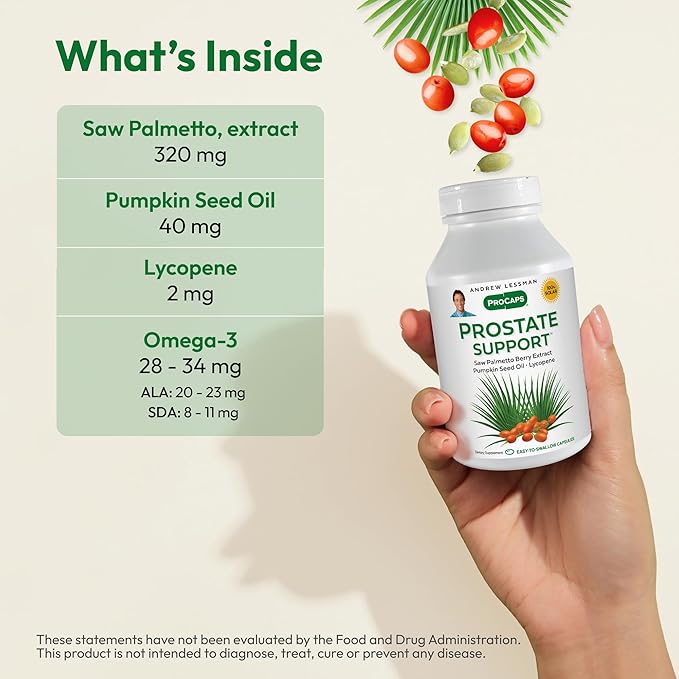 ANDREW LESSMAN Prostate Support Supplement for Men's Health, 60 Softgels, No Additives - Saw Palmetto for Men, Pumpkin Seed Oil, Lycopene, Omega-3 for Prostate Health, Urinary, Bladder Function