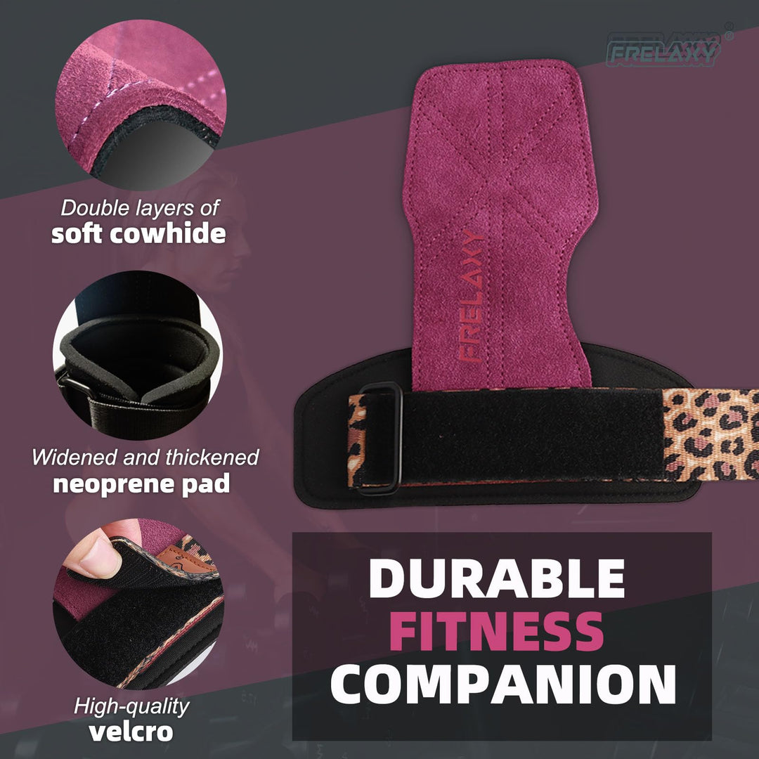 Frelaxy lifting Grips Women and Men, Weight lifting Wrist Straps with Cushion Wrist Loop, Double Layer Leather, and Storage Pouch, Gym Gloves for Deadlift and Powerlifting (Purple/Leopard)