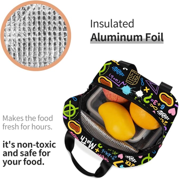 Imiss Math Education Lunch Bag Colorful Formulas Calculations Lunch Box with Front Pocket Reusable Thermal Cooler Bag for School Work Picnic Travel Meal Prep Bag