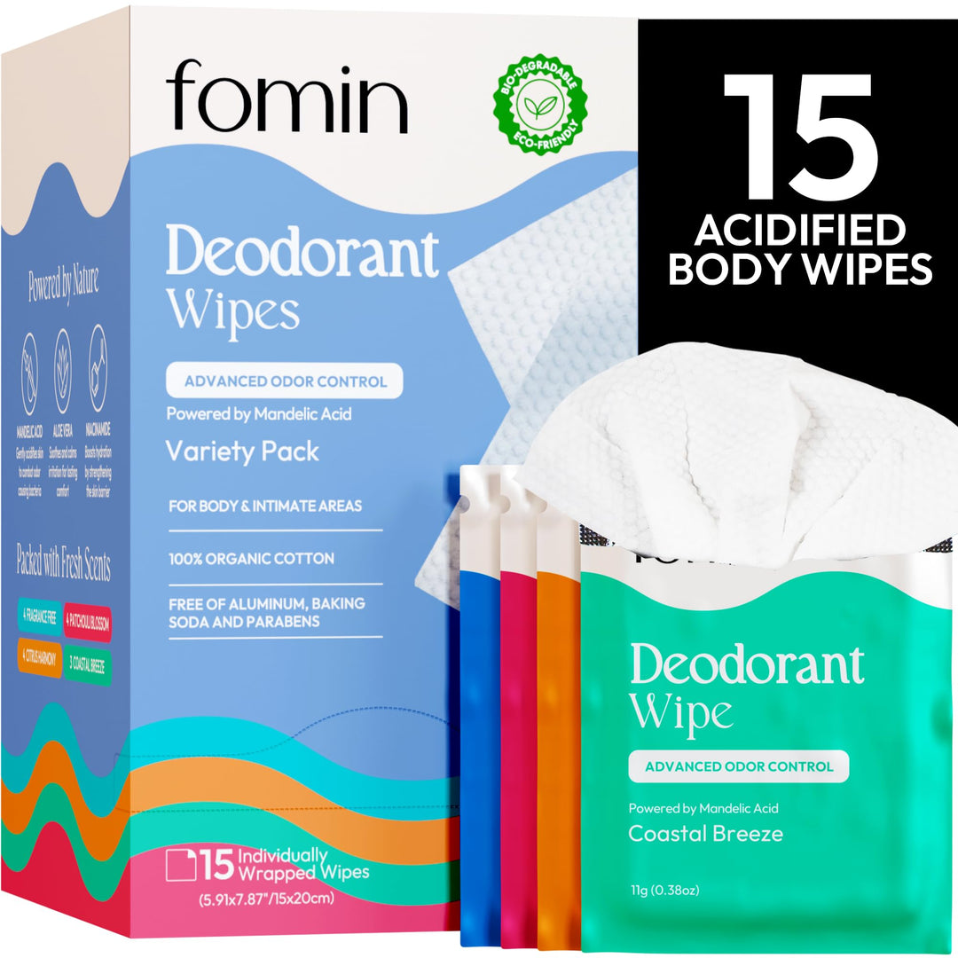 FOMIN Acidified Travel Deodorant Wipes For Women & Men - 15 Count - Variety Pack - pH Balanced, Mini Deodorant Travel Size Wipes - Plastic-Free, Individually Wrapped Underarm Body Wipes