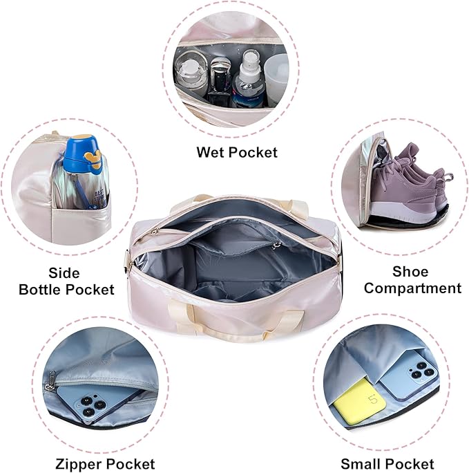 Gym Bag Sports Duffle Bag with Wet Pocket Weekender Overnight Bag with Waterproof Shoe Pouch and Air Hole for Women Girls Travel Foldable Bag (Metallic Beige)