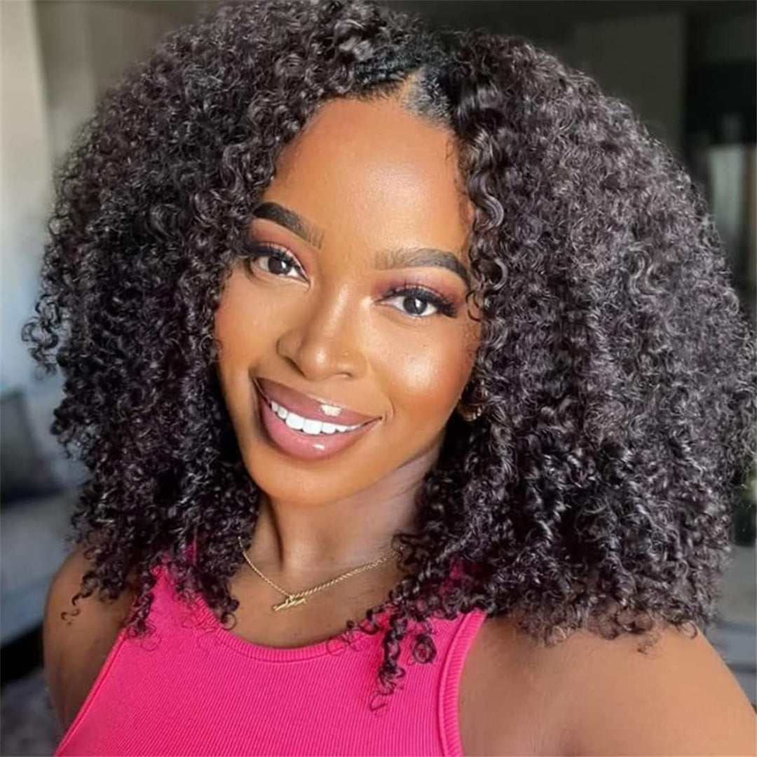 Unice Glueless Kinky Curly V Part Wigs Human Hair No Lace Upgrade U Part Wigs Afro Kinky Curly V Shape Human Hair Wig With Clips