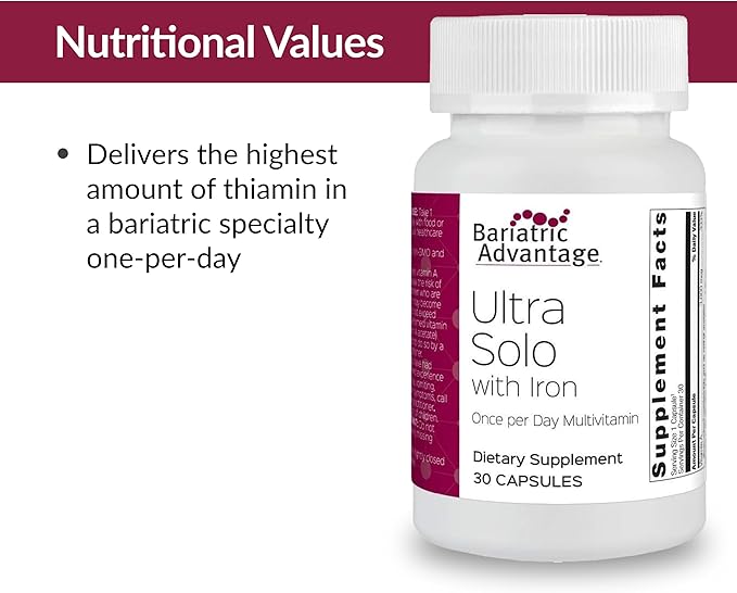 Bariatric Advantage Ultra Solo with Iron - Once-Per-Day Daily Multivitamin - for Bariatric Patients - with Thiamin, Vitamin A & More - Gluten Free - 30 Capsules