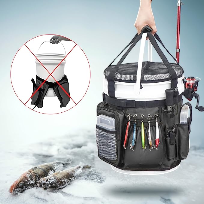 Fishing Bucket Organizer with Bucket Cover, Ice Fishing Tackle Bag with Rod & Plier Holder, Multi-Pockets for 5 Gallon Bucket Fishing Gear & Accessories