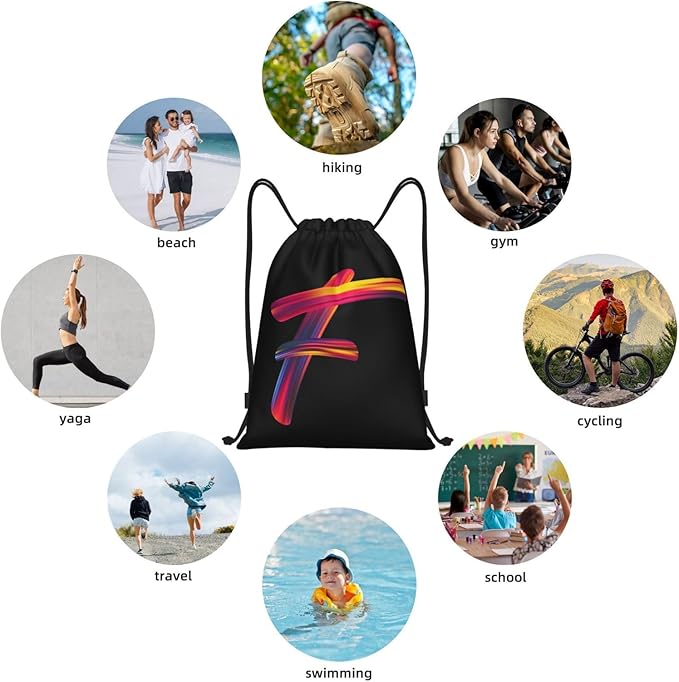 Drawstring Bags Initial Drawstring Backpack Sackpack Black Draw String Cinch Bags for Sports, Gym, Travel, Swimming, Beach, Camping, Rainbow Letter F