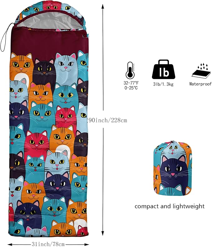 Axolotl Colorful Cats 3 Season Sleeping Bag for Kids, Girls, Teens - Warm and Cool Weather Pet Animal Theme, Waterproof Lightweight for Traveling, Outdoors Camping Equipment