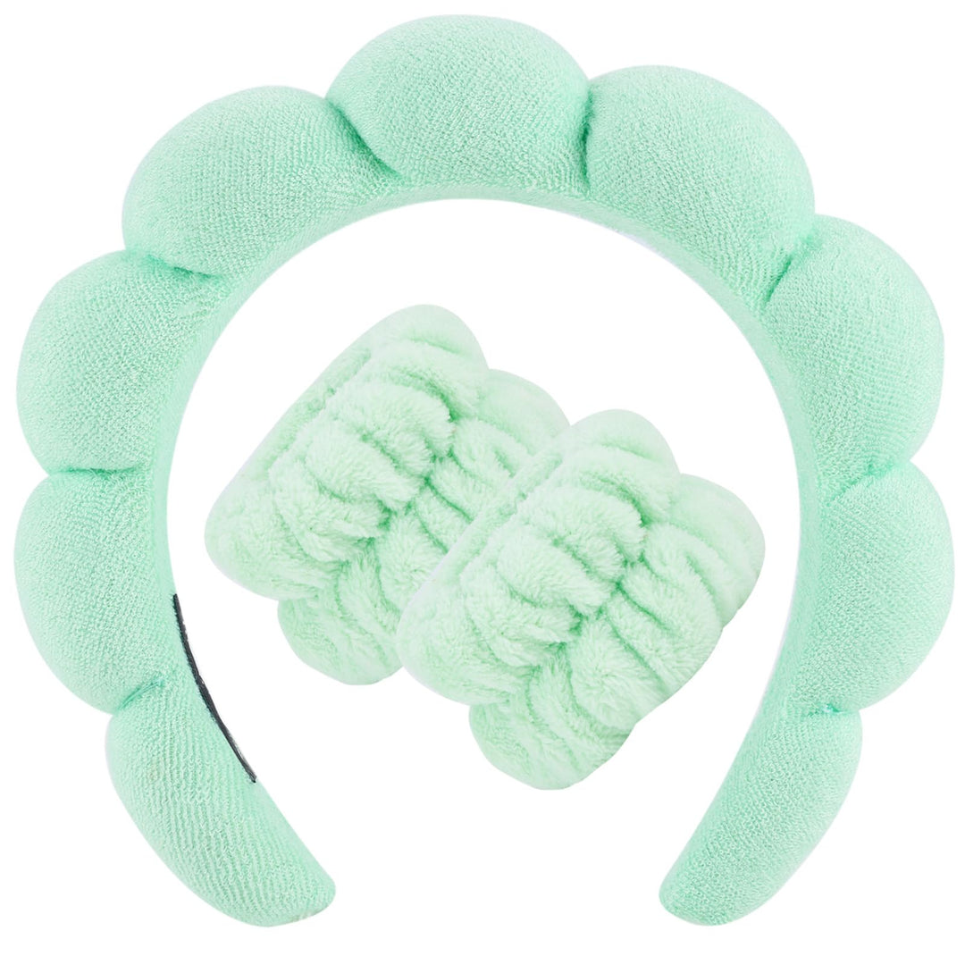 Zkptops Spa Headband for Washing Face Wristband Set Sponge Makeup Skincare Terry Cloth Bubble Soft Get Ready Hairband for Women Girl Puffy Padded Headwear Non Slip Thick Hair Accessory(Light Green)