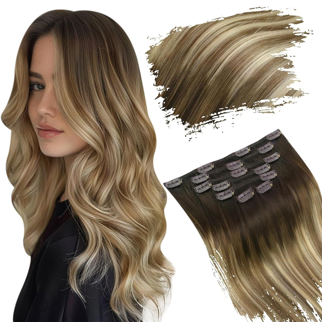 Ugeat Human Hair Clip In Extensions Chocolate Brown Mix Chestnut Brown With Bleach Blonde Balayage Real Hair Etensions Clip In H