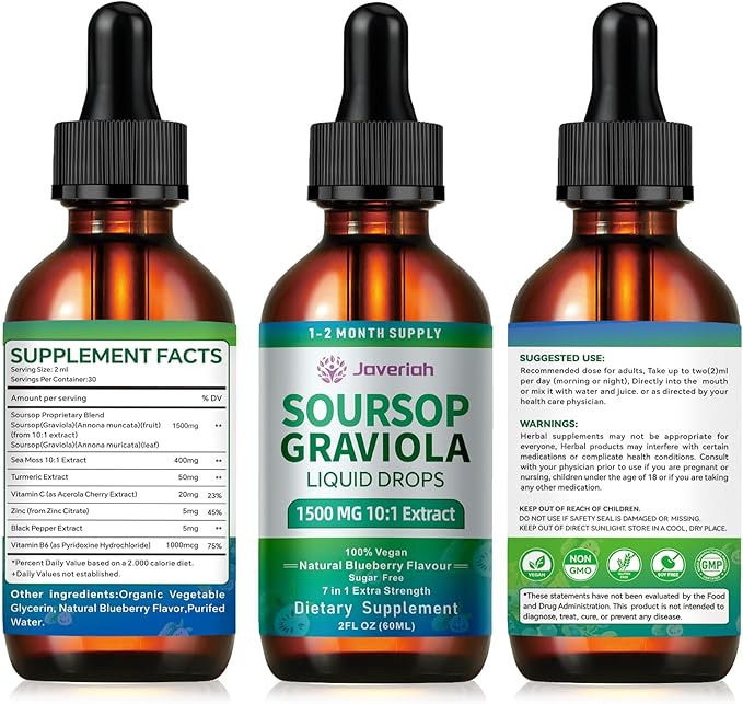 2 Pack Soursop Graviola Leaf Extract Liquid Drops Supplement with Irish Sea Moss & Turmeric for Cellular Support, Immune System Boost, Liver Health, Soursop Bitters Liquid 60-Day Supply 4 FL OZ