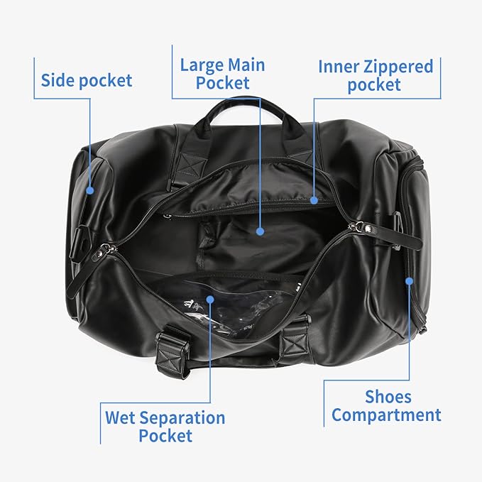 Sports Gym Tote Bag for Men & Women - Travel Duffel with Shoes Compartment & Wet Pocket, Shoulder Weekender Overnight Bag, Black