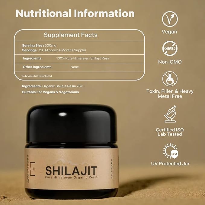 Organic Himalayan Shilajit Resin - 500mg Max Potency, Lab Tested Pure Shilajit for Men and Women, 85+ Trace Minerals Fulvic Acid, Immune Support, Energy & Cognitive Performance, 4 Month Supply, 60g