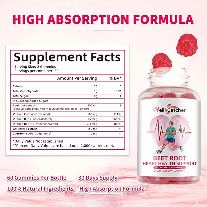 Beet Root Gummies - Beets Chewables for Heart & Circulation Support Nitric Oxide Energy Boost, Sugar Free Beet Gummies Supplement for Blood Pressure with Vitamin C D B12 Grapeseed Coenzyme Q10 60ct