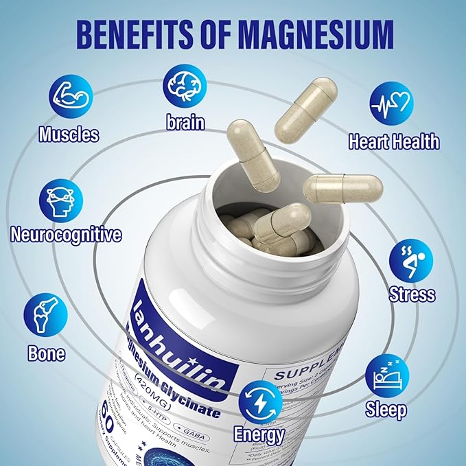 6-in-1 Magnesium Complex, 420mg Pure Magnesium Glycinate, Magnesium Supplement with GABA, 5-HTP, L-Theanine, L-Tyrosine, Vegetarian & High Absorption, 60 Capsules