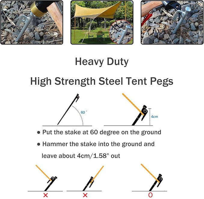8 Pack Tent Stakes Heavy Duty 12 inch Steel Tent Pegs for Camping Unbreakable and Inflexible