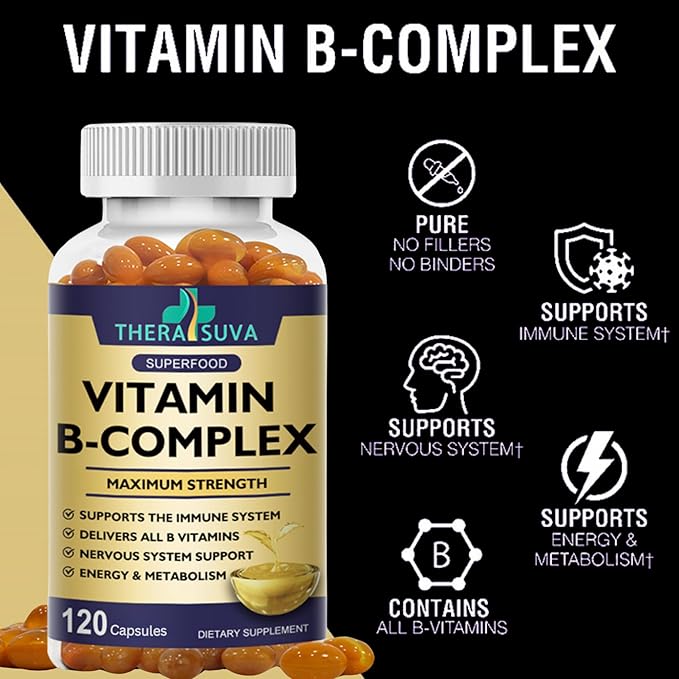 Vitamin B-Complex + CoQ10 + Vitamin C - Max Strength Supplement for Energy, Metabolism Support, 120 Softgels, 60 Day Supply