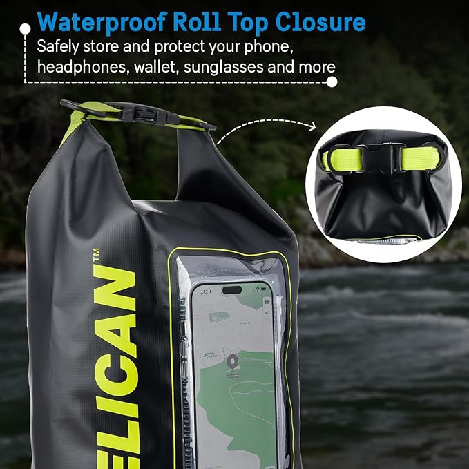 Pelican Marine IP68 Waterproof Dry Bag 5L - Roll Top Waterproof Backpack w/Phone Case/Pouch - Boating & Kayak Accessories - Essentials for Camping Swimming Beach Fishing Rafting Travel - Black/Yellow