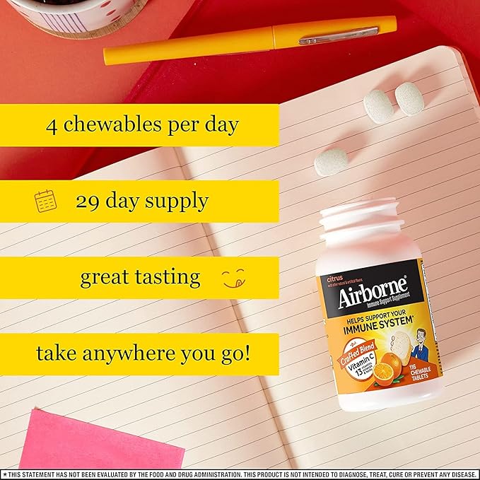 Airborne 1000mg Vitamin C + Zinc Immune Support Supplement Chewable Tablets, Very Berry & Citrus Flavor with Powerful Antioxidants Vitamins A C & E, 116 Chewable Tablets