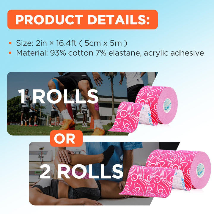 OK TAPE PRO Kinesiology Tape, 2inch x Long Roll 16ft Free Cut Tape, Elastic Athletic Tape Therapeutic Latex Free, 2 Rolls Yellow+Green