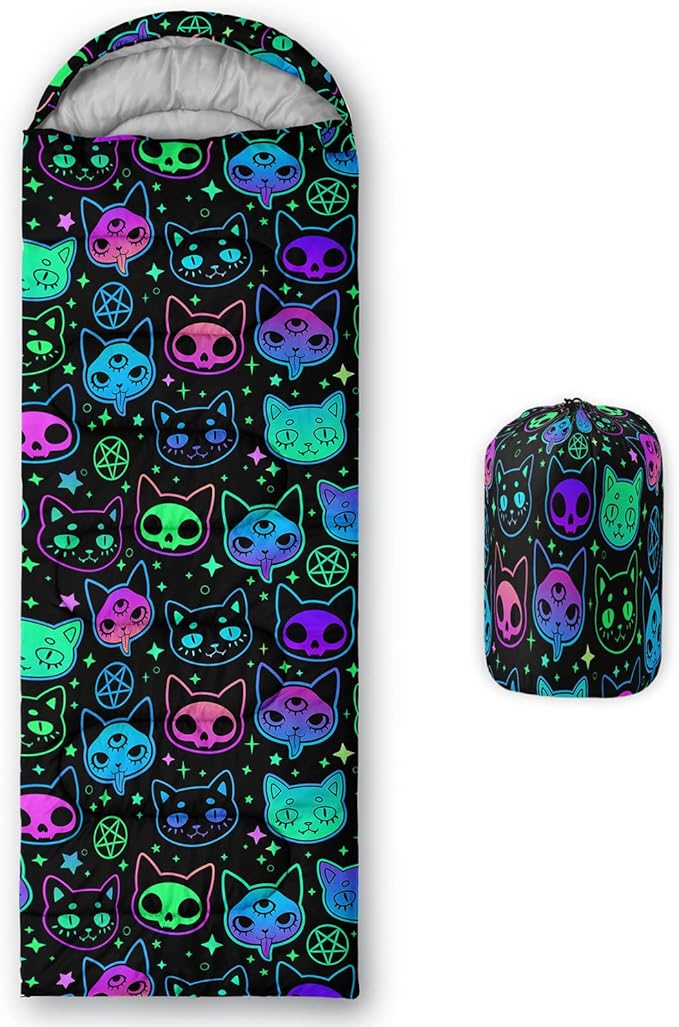 Axolotl Colorful Cats 3 Season Sleeping Bag for Kids, Girls, Teens - Warm and Cool Weather Pet Animal Theme, Waterproof Lightweight for Traveling, Outdoors Camping Equipment