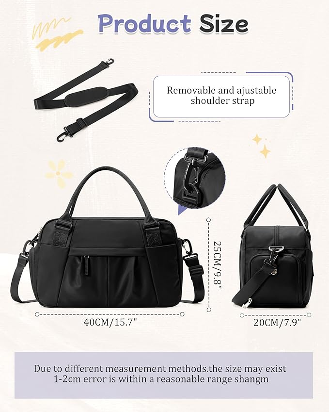 Small Black Gym Duffle Bag for Women Men with Shoe Compartment, Mini Cute Weekender Handbag Carry on Travel Bag for Airplane, Water Resistant Sports Yoga Tote Bag with Dry Wet Separated Pocket.