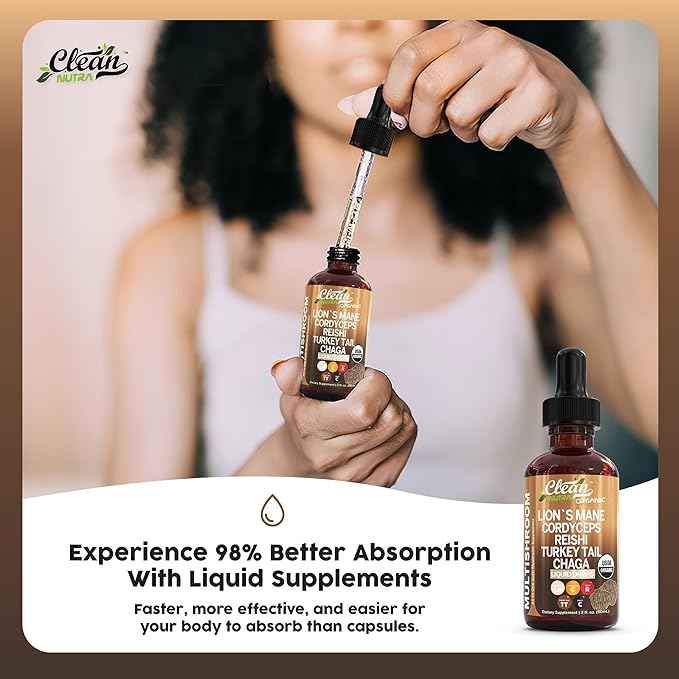 Organic Mushroom Supplement Liquid Drops with Lions Mane Turkey Tail Cordyceps Reishi Chaga Shitake Maitake Tremella Oyster Mushrooms Poria and Enokitake Mushrooms Complex Blend by Clean Nutra