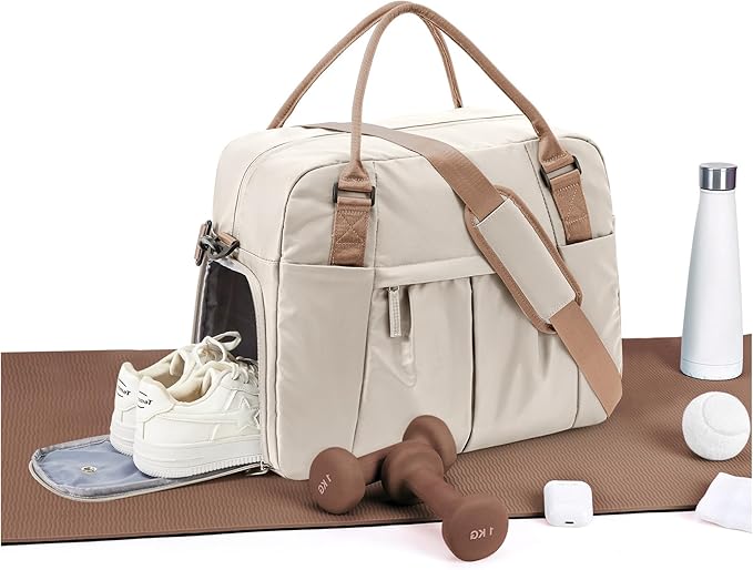 Gym Bag for Women, Large Travel Duffel Carry on Bag with Trolley Sleeve, Waterproof Weekender Bags with Shoe Compartment, Workout Overnight with Dry Wet Separated Pocket, Beige