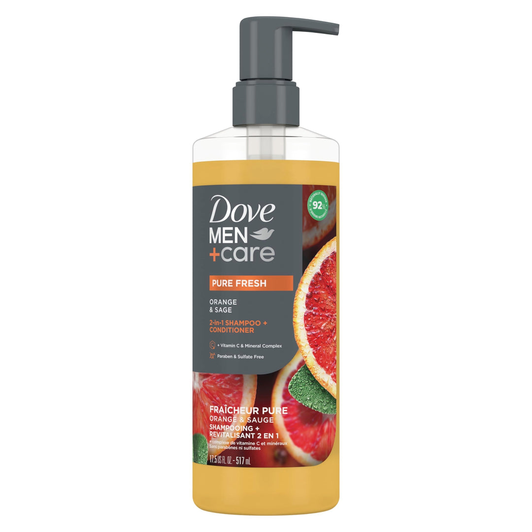 DOVE MEN + CARE 2-in-1 Shampoo + Conditioner Pure Fresh Orange & Sage for Strong, Healthy-Looking Hair, with Vitamin C & Mineral Complex, 17.5 oz
