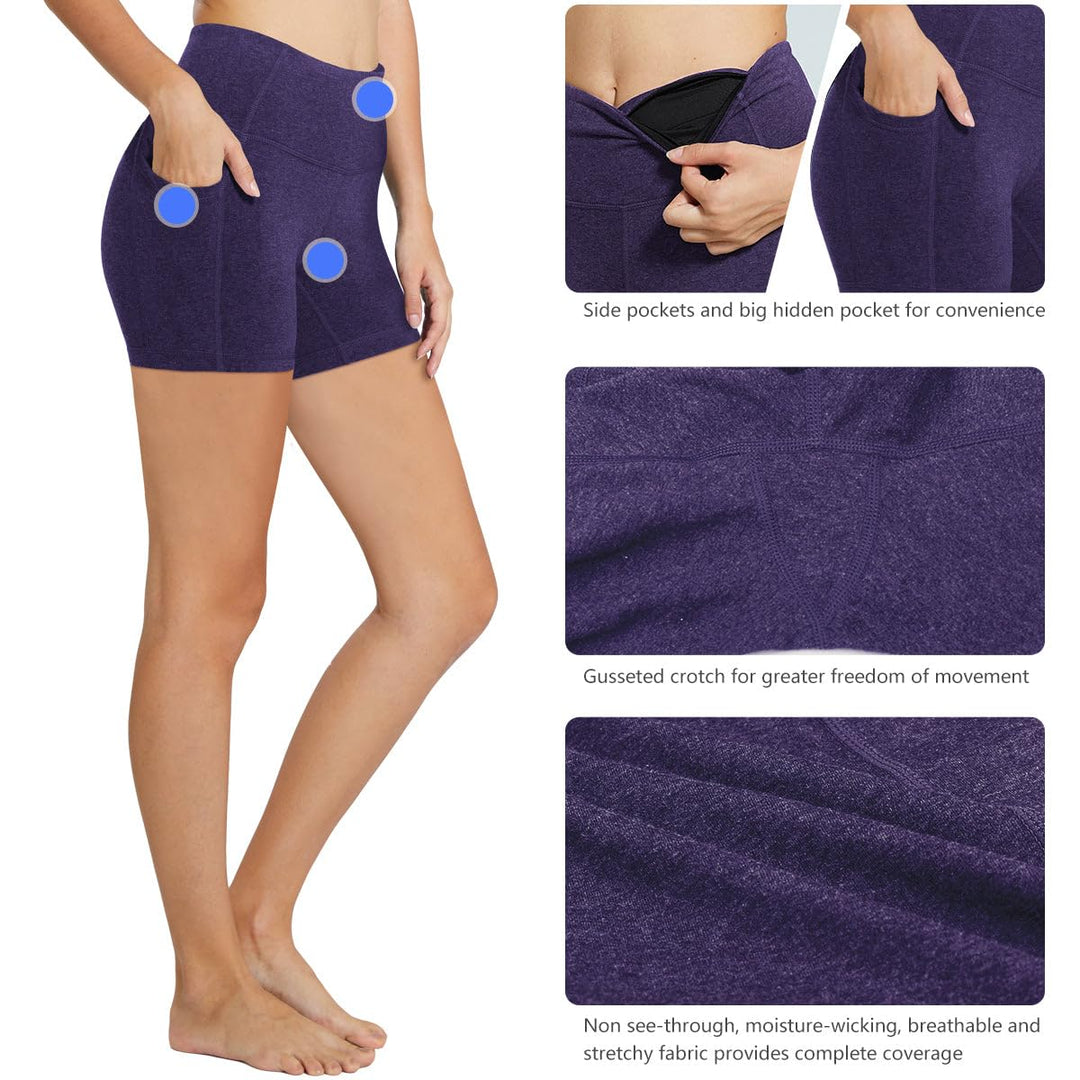 BALEAF Biker Shorts Women Yoga Gym Workout Spandex Running Volleyball Tummy Control Compression Shorts with Pockets 5" Heather Purple XS