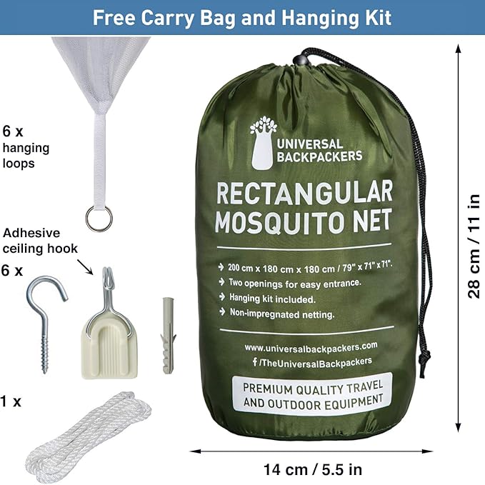 Mosquito Net for Single to King-Sized Beds – 2 Side Openings & 6 Hanging Loops – Decorative Rectangular Shape for Home & Travel – Bed Canopy Hanging Kit & Carrying Bag Included