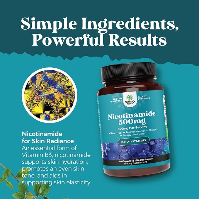 Vitamin B3 Niacinamide 500mg Capsules - Mitochondrial Energy and Potent Skin Supplement - AKA Vitamin B3 Niacin 500mg Flush Free and Nicotinamide 500mg - Flush Free Niacin Supplement - 180 Count