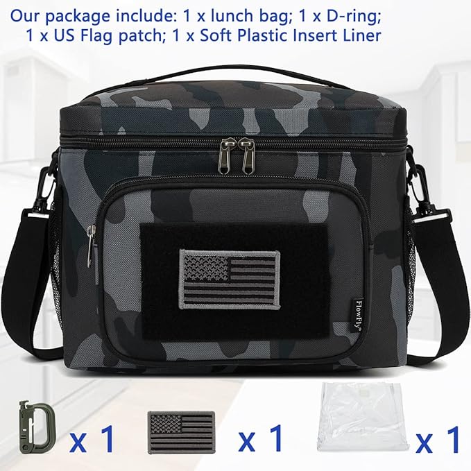 FlowFly Lunch Bag, Insulated Cooler, Thermal Lunch Box Tote with MOLLE/PALS Webbing, Adjustable Padded Shoulder Strap, for Tactical Men Women Adults and Boys Girls Kids (Black#Camo, Large)