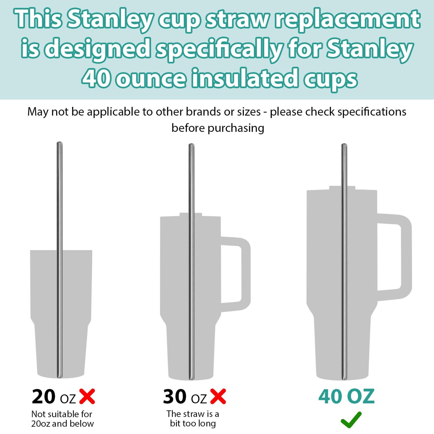 10 Pcs Metal Straw for Stanley Cup 40 oz with Straw Brush and Velvet Bag for Smoothie, Milkshake, Cocktail and Hot Drinks