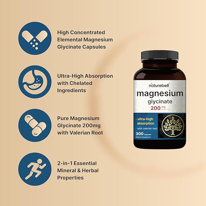 Pure Magnesium Glycinate for Sleep, 200mg with Valerian Root, 300 Capsules | 100% Chelated & Purified Mineral Supplement – Ultra High Absorption – Non-GMO, Gluten Free