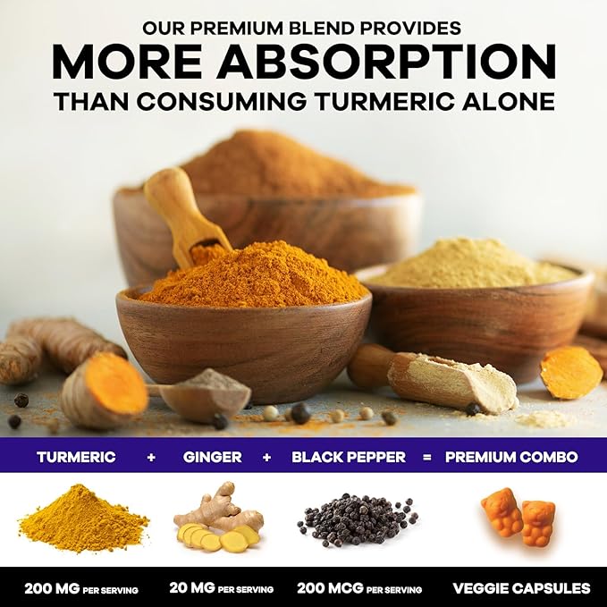 Turmeric Supplement Gummies Sugar Free - Turmeric Curcumin and Ginger Gummies with Black Pepper Extract for High Absorption, Curcumin Gummy for Joint Support, Non-GMO, Gluten Free, 60 Turmeric Gummies