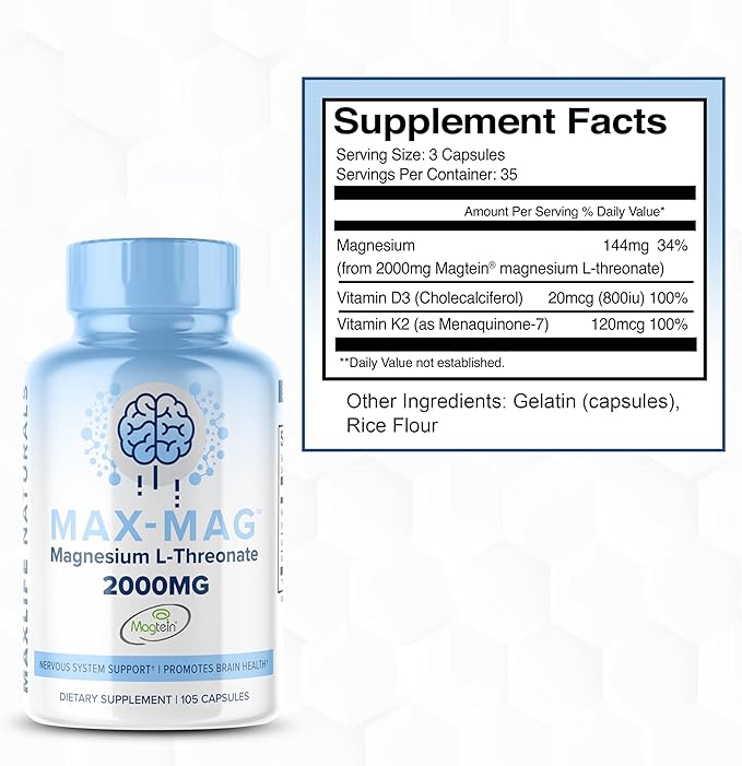 Max-Mag Magnesium L-Threonate Capsules - Magtein Magnesium L-Threonate 2000mg with Vitamin D3 and K2 for Brain, Sleep, & Mood – 105 Easy-to-Swallow Capsules